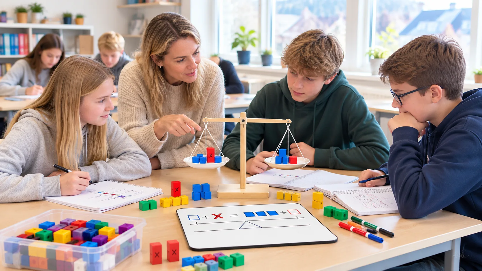 Balanseprinsippet vist med en tegnet vektskål og matematiske blokker
