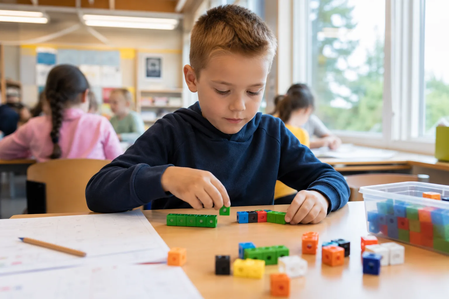 barn i 2 trinn som løser regnestykker med tallblokker for å oppnå faglige mål i matematikk