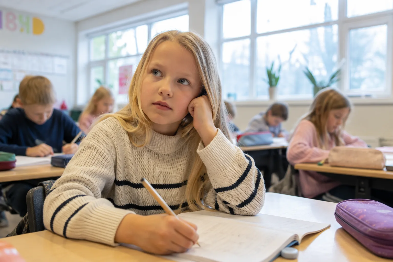 barn i fjerde klasse som skriver en historie i norskfaget