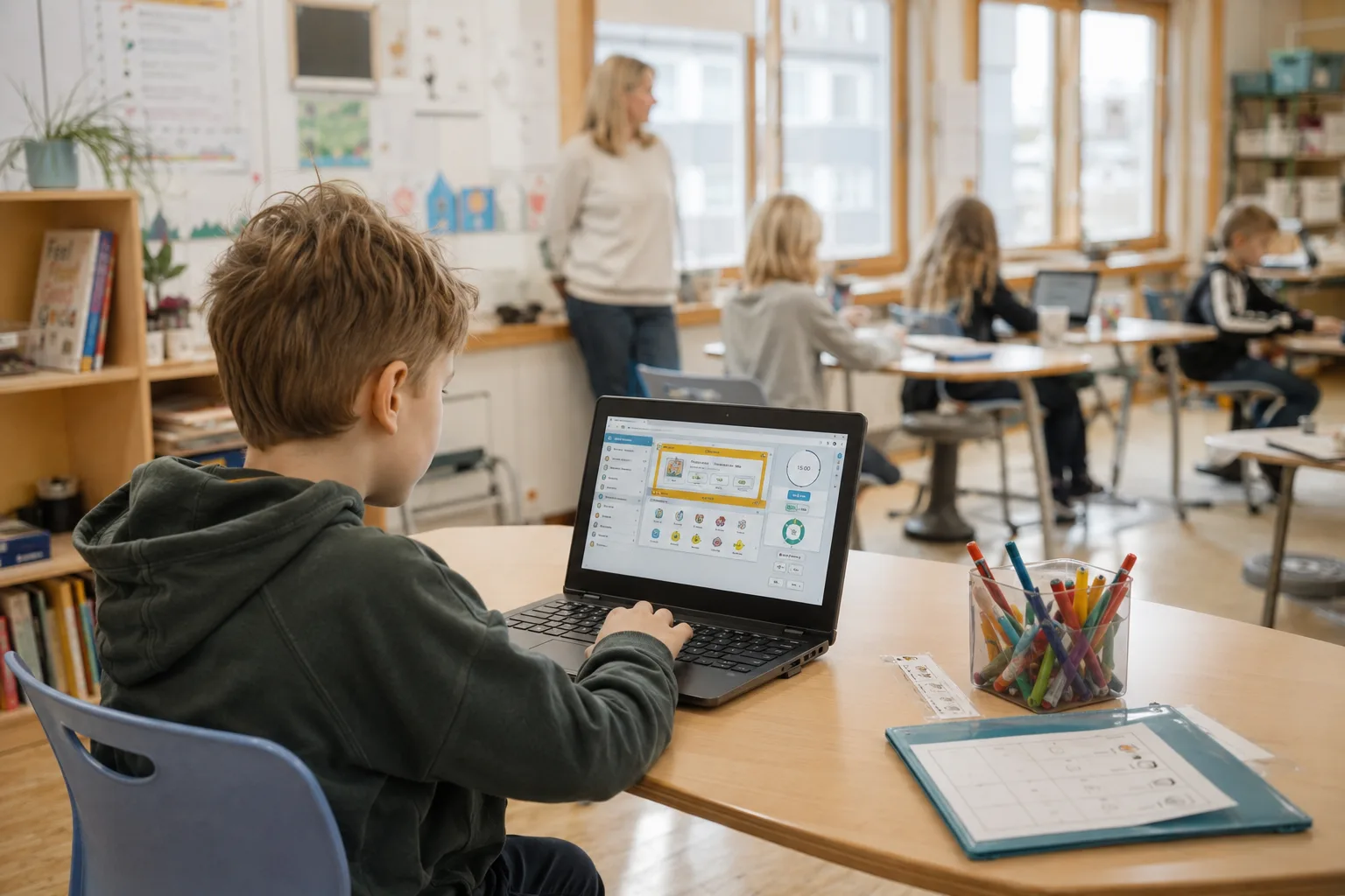 Barn med ADHD som jobber konsentrert med tilpassede oppgaver på skolen