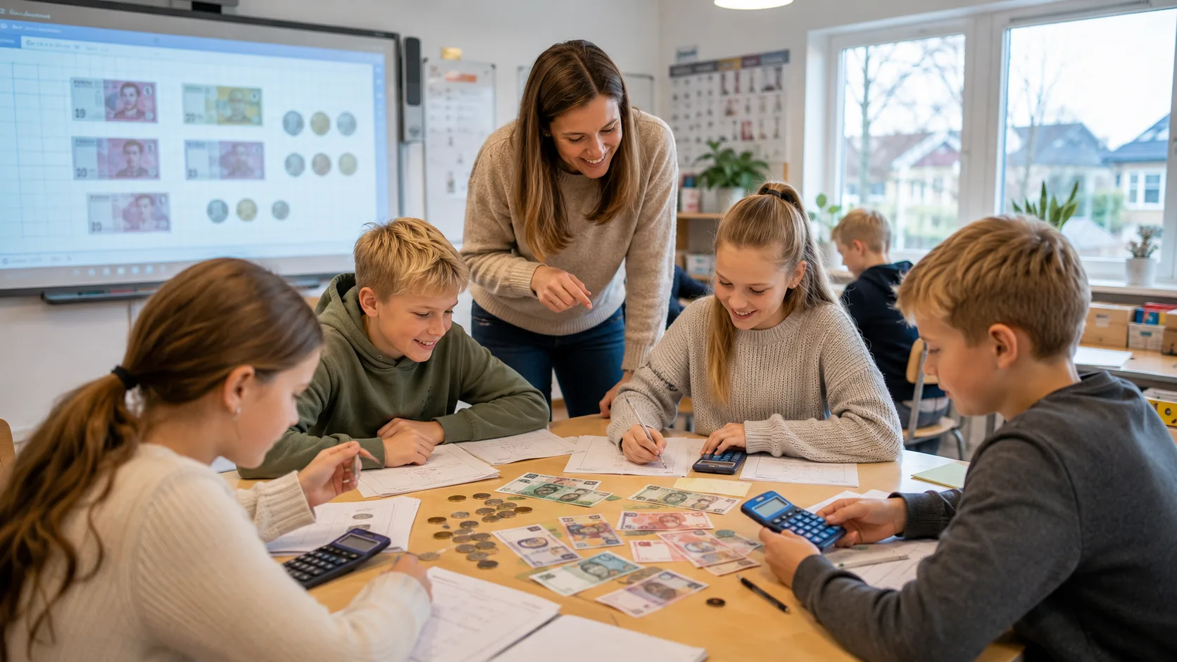 Barn regner med norske kroner og øre for å lære Multi 5. trinn desimaltall