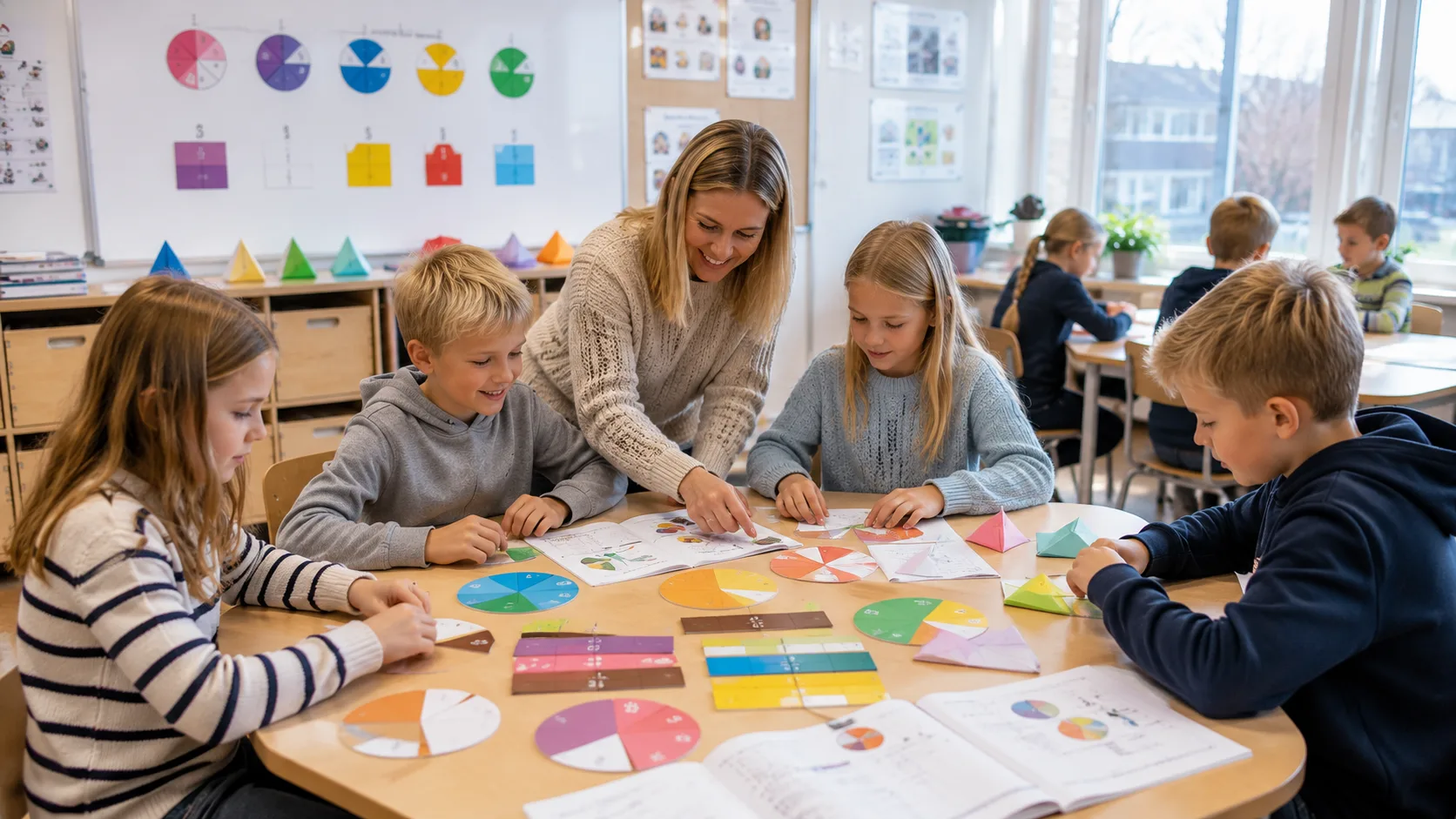 Barn som jobber med Multi 4. trinn brøk modeller