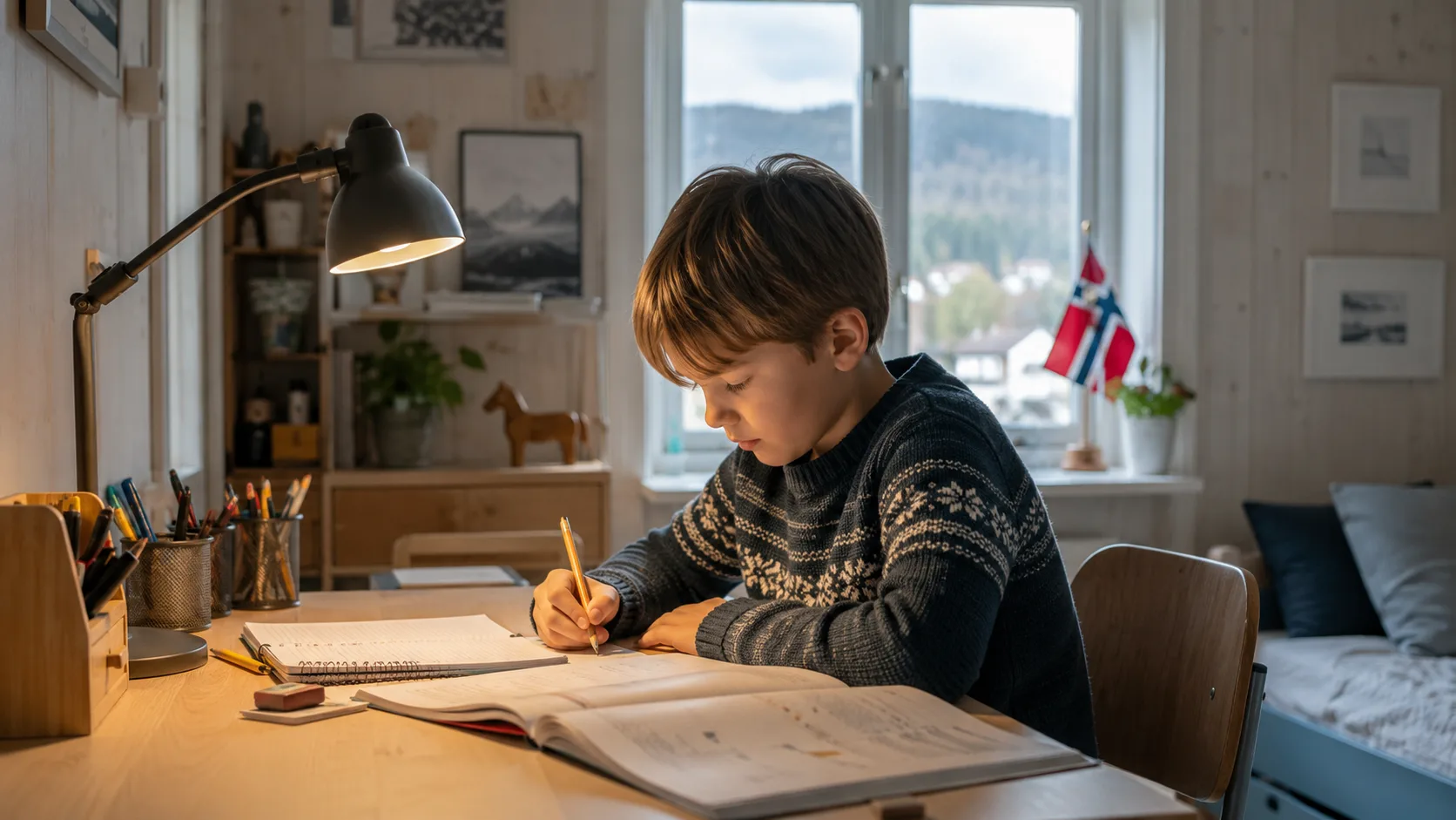 Barn som sitter ved et ryddig skrivebord med fast leksetid og god belysning