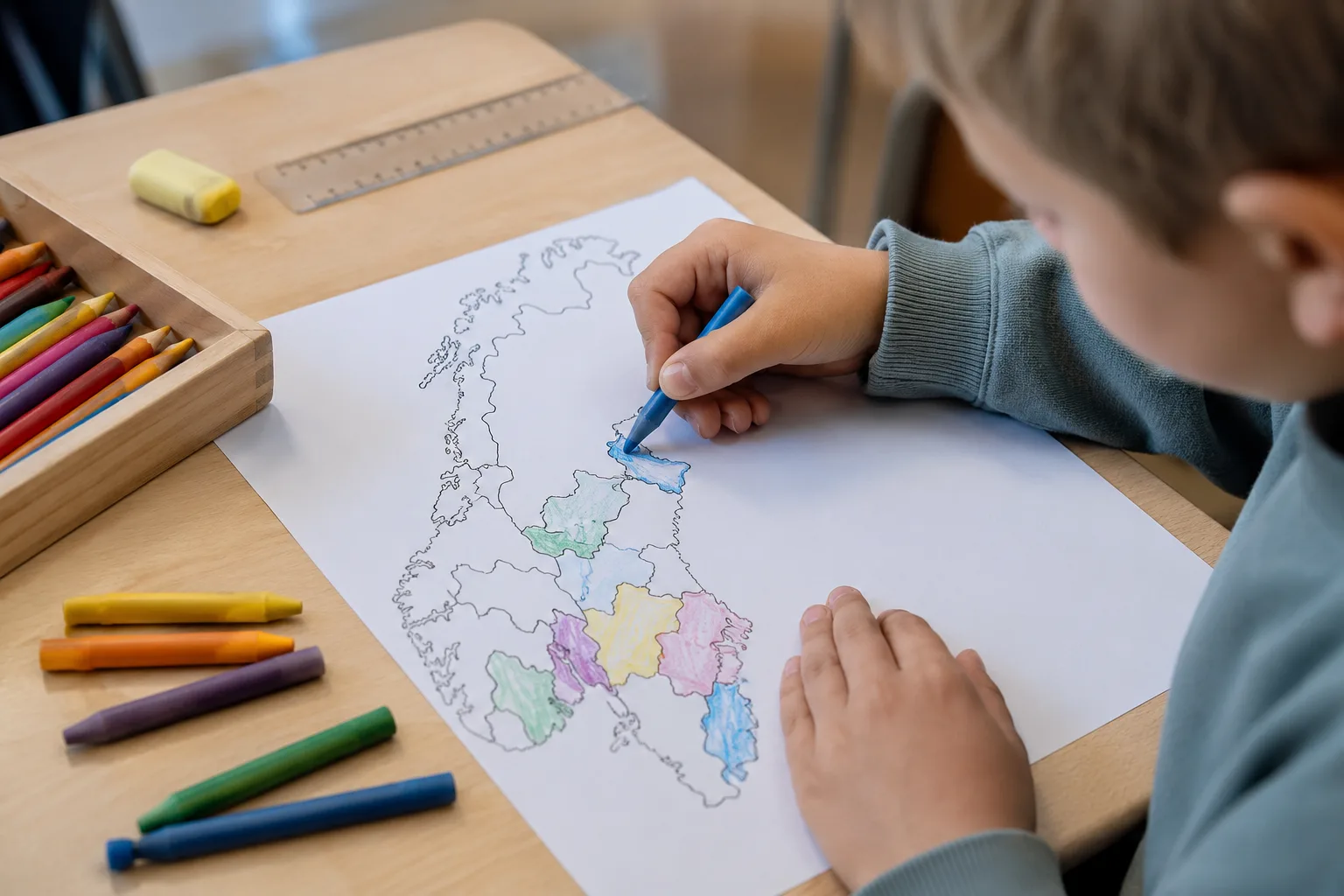 Barn tegner egne fylkesgrenser på et blankt norgeskart med fargestifter