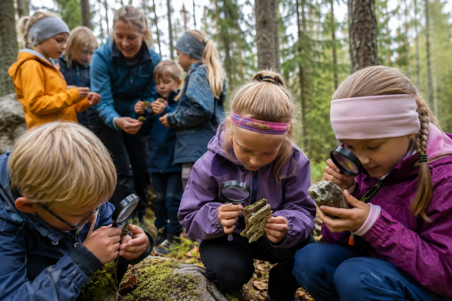 barn utforsker naturfag ute i skogen under uteskole