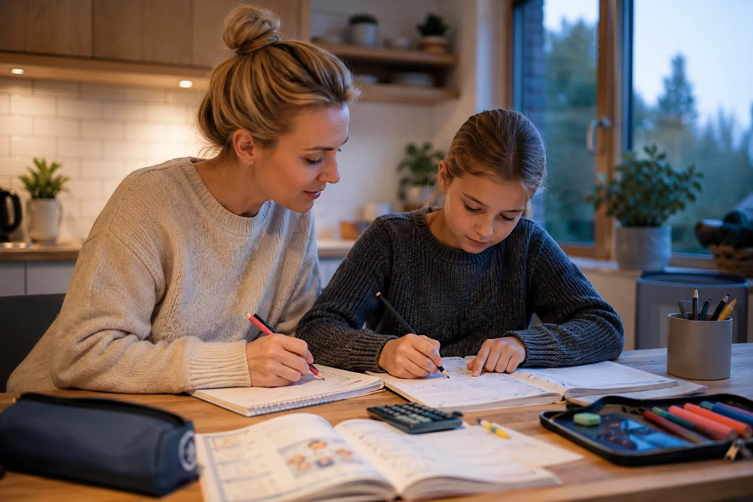 En forelder hjelper barnet med lekser ved kjøkkenbordet for å redusere faglig stress