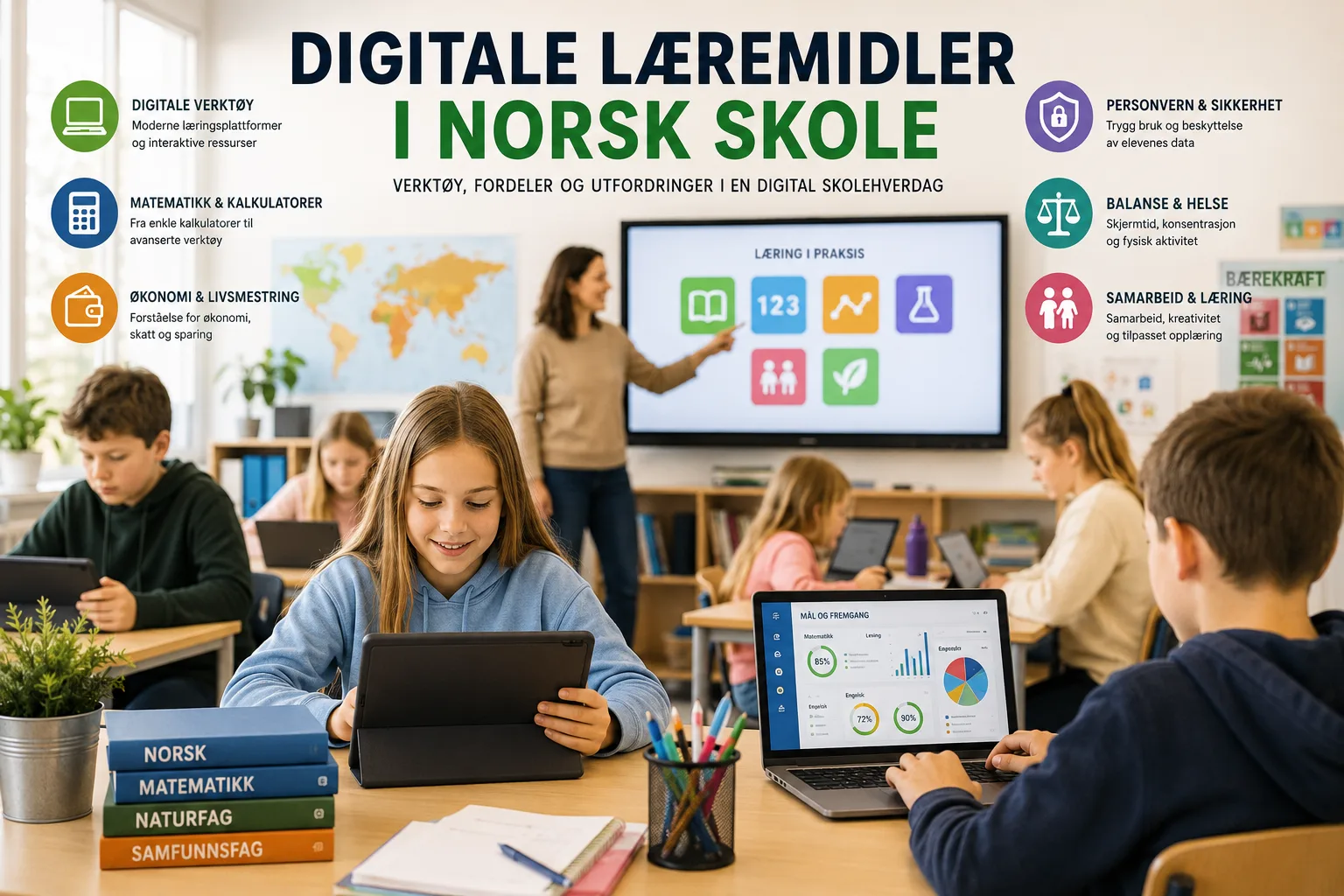 digitale læremidler i norsk skole, skjerm i skolen, digitale verktøy i skolen, læremidler i grunnskolen, nettbrett i skolen