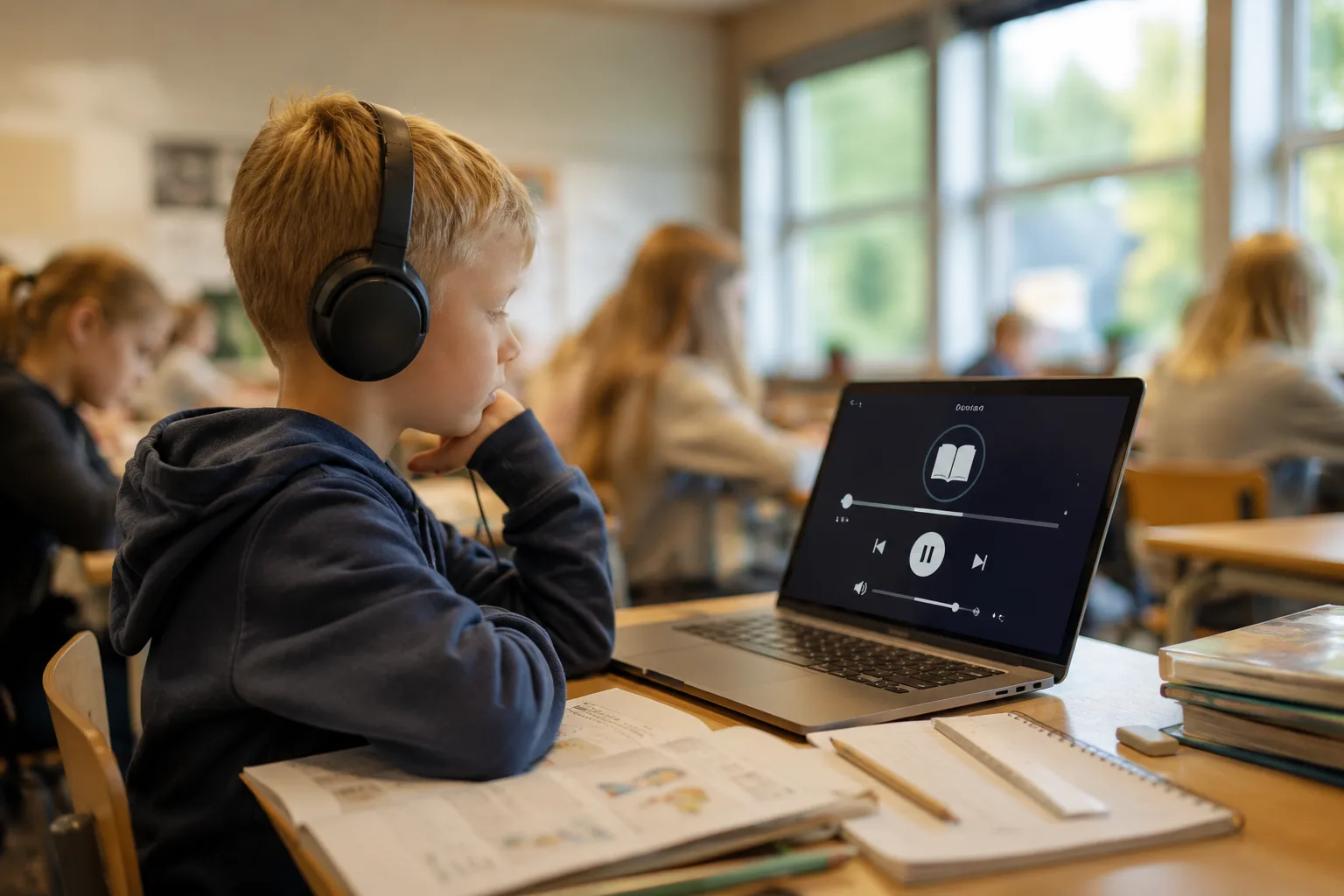 Elev med hodetelefoner som lytter til en lydbok på skole-PC ved pulten