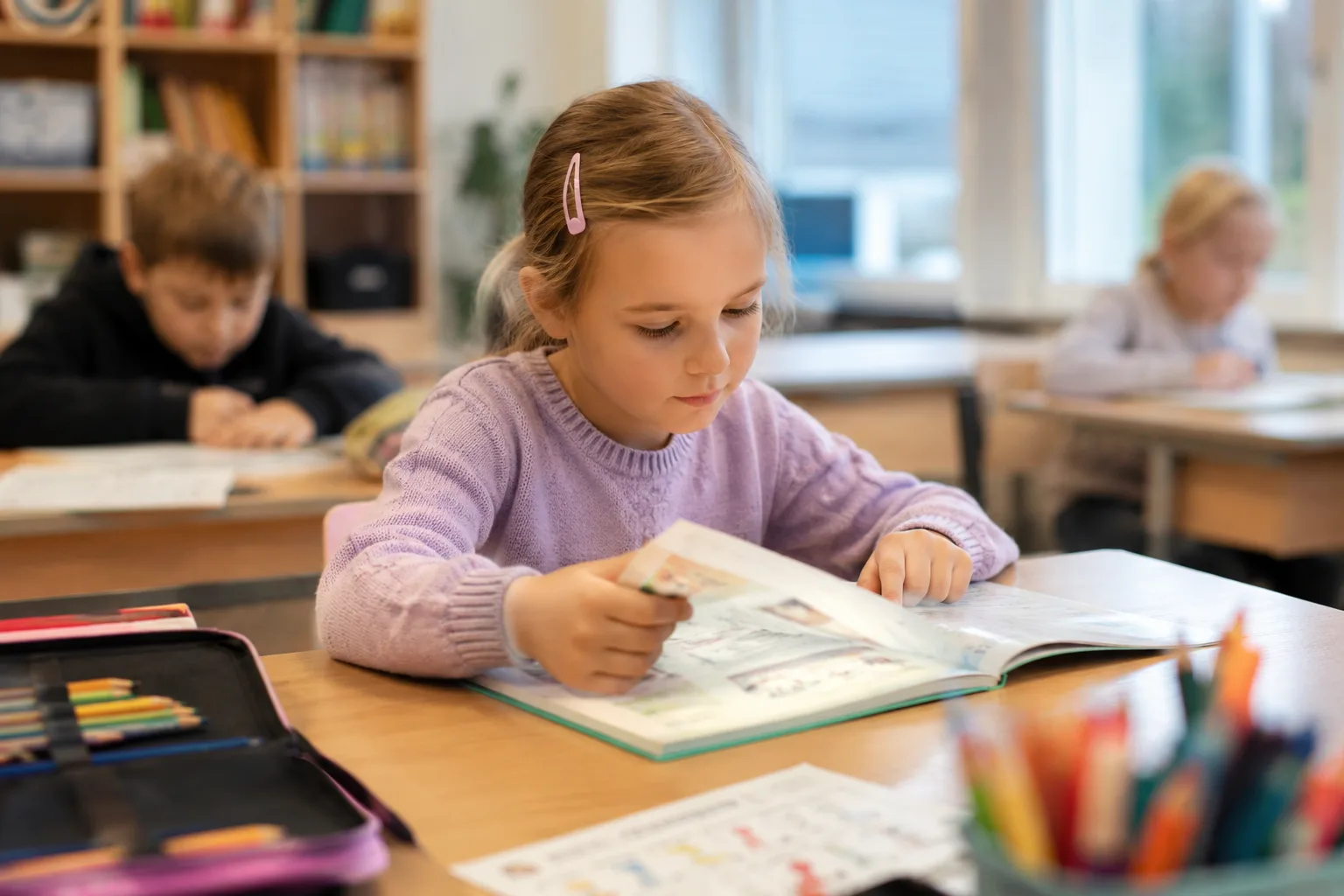 elev på 2 trinn som jobber konsentrert med faglige mål og lesing i et norsk klasserom