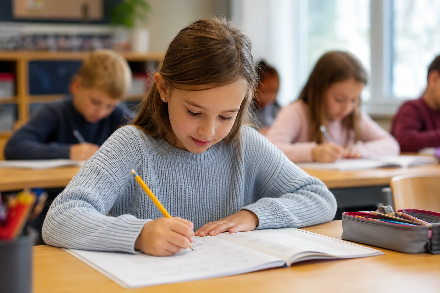 elev på 3. trinn regner matematikk med blyant og bok