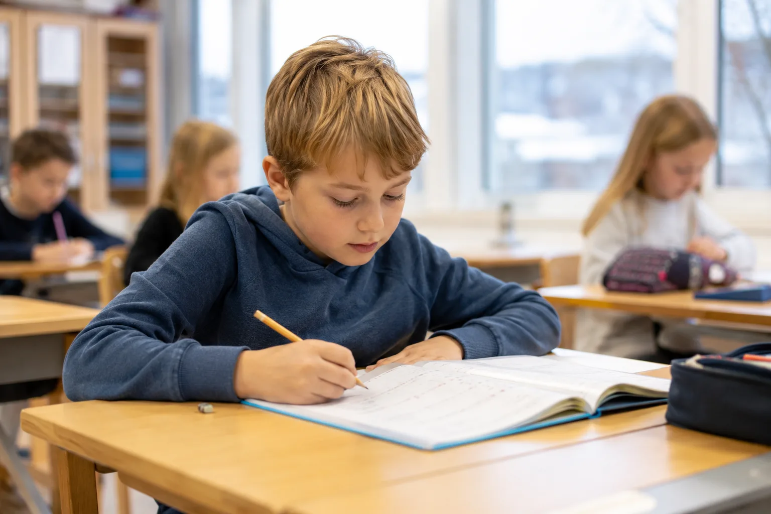 elev på 4. trinn som løser matteoppgaver i boken sin