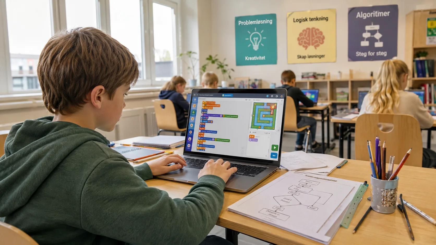 Elev på barneskolen som bruker blokkbasert koding for å løse oppgaver