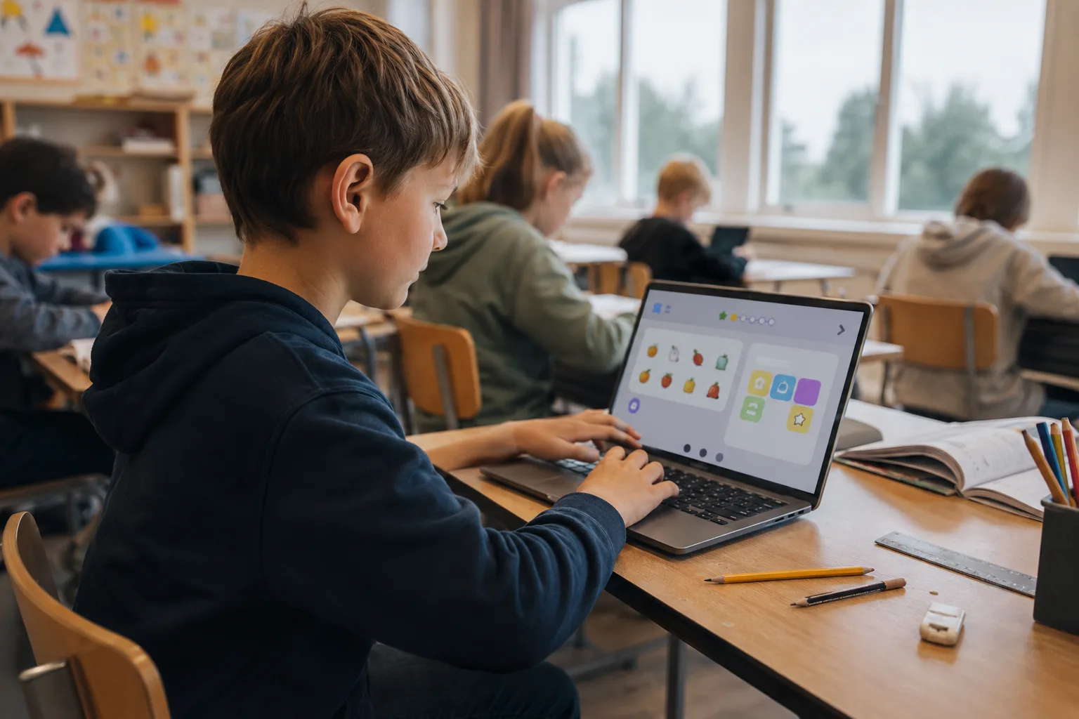 Elev som arbeider konsentrert med tilrettelagt oppgave på PC i et klasserom i Norge