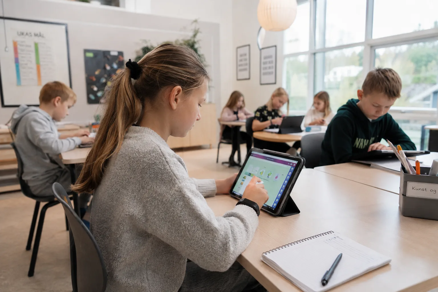Elev som jobber med interaktive digitale læremidler på et nettbrett i klasserommet