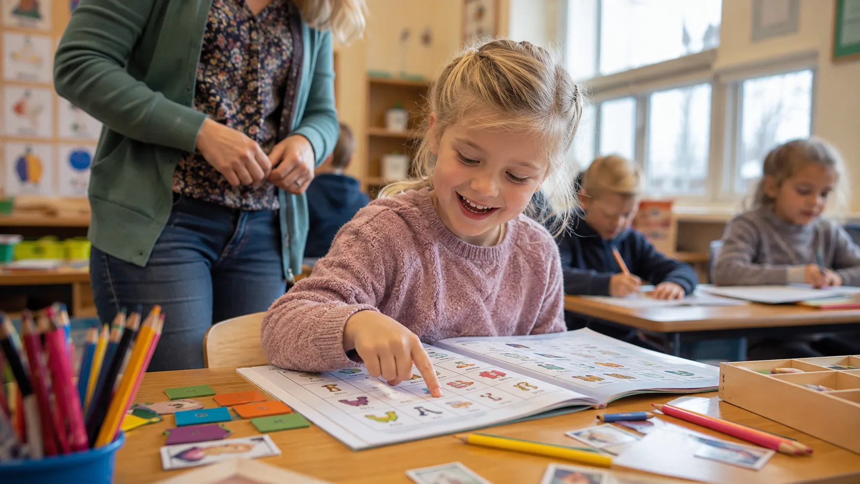 Elev som peker på ukens bokstav i Salto lesestart elevbok