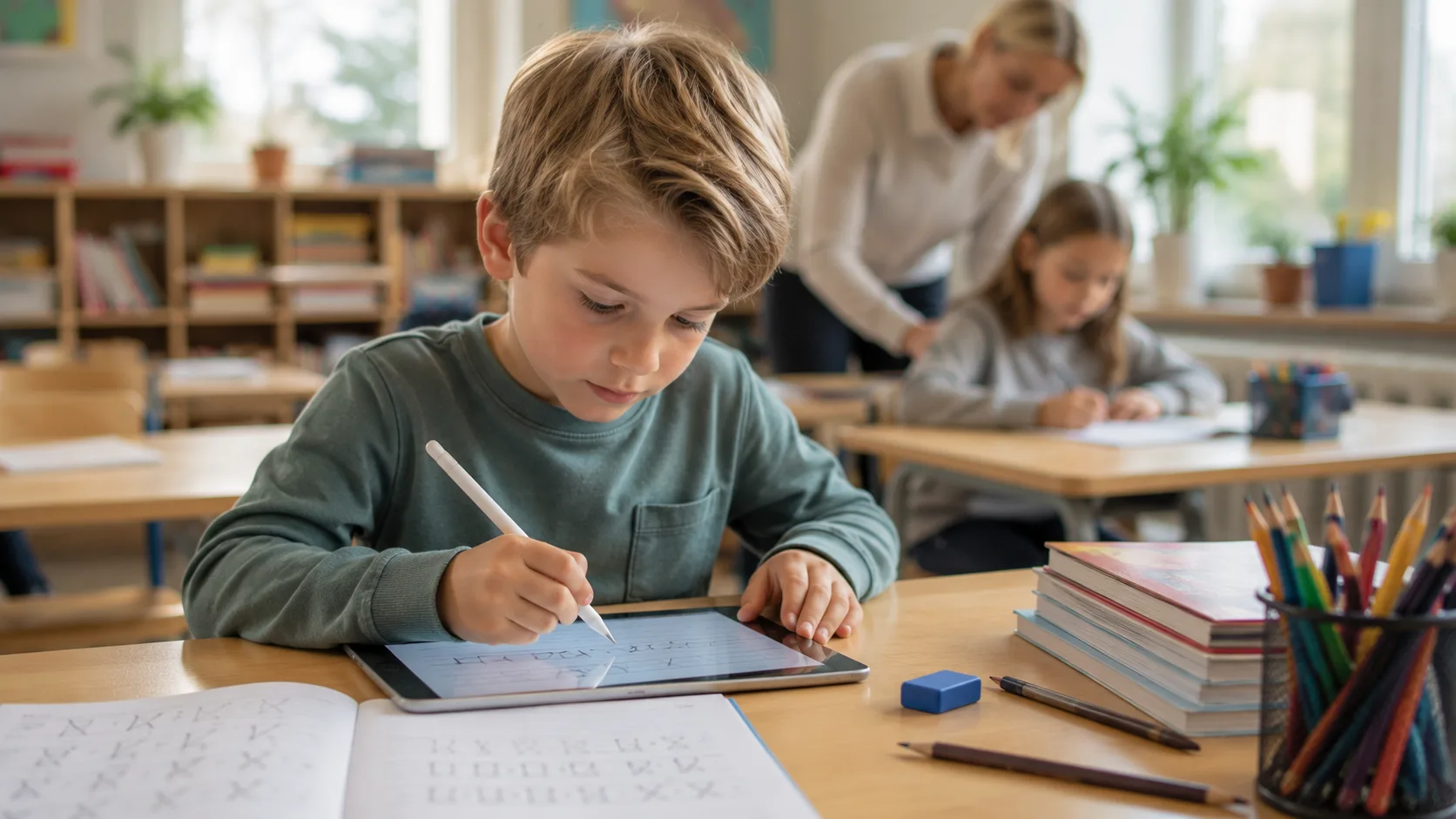 Elev som skriver på digitalt nettbrett som en del av skrivetrening 3. trinn