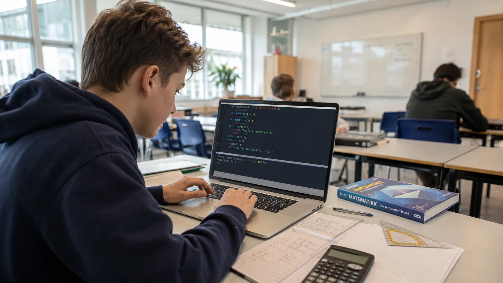 Elev som skriver Python-kode for å lage et regneprogram på laptopen sin