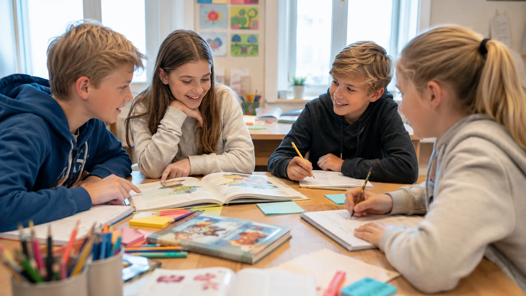 Elever på mellomtrinnet som samarbeider i grupper om leseforståelse på mellomtrinnet
