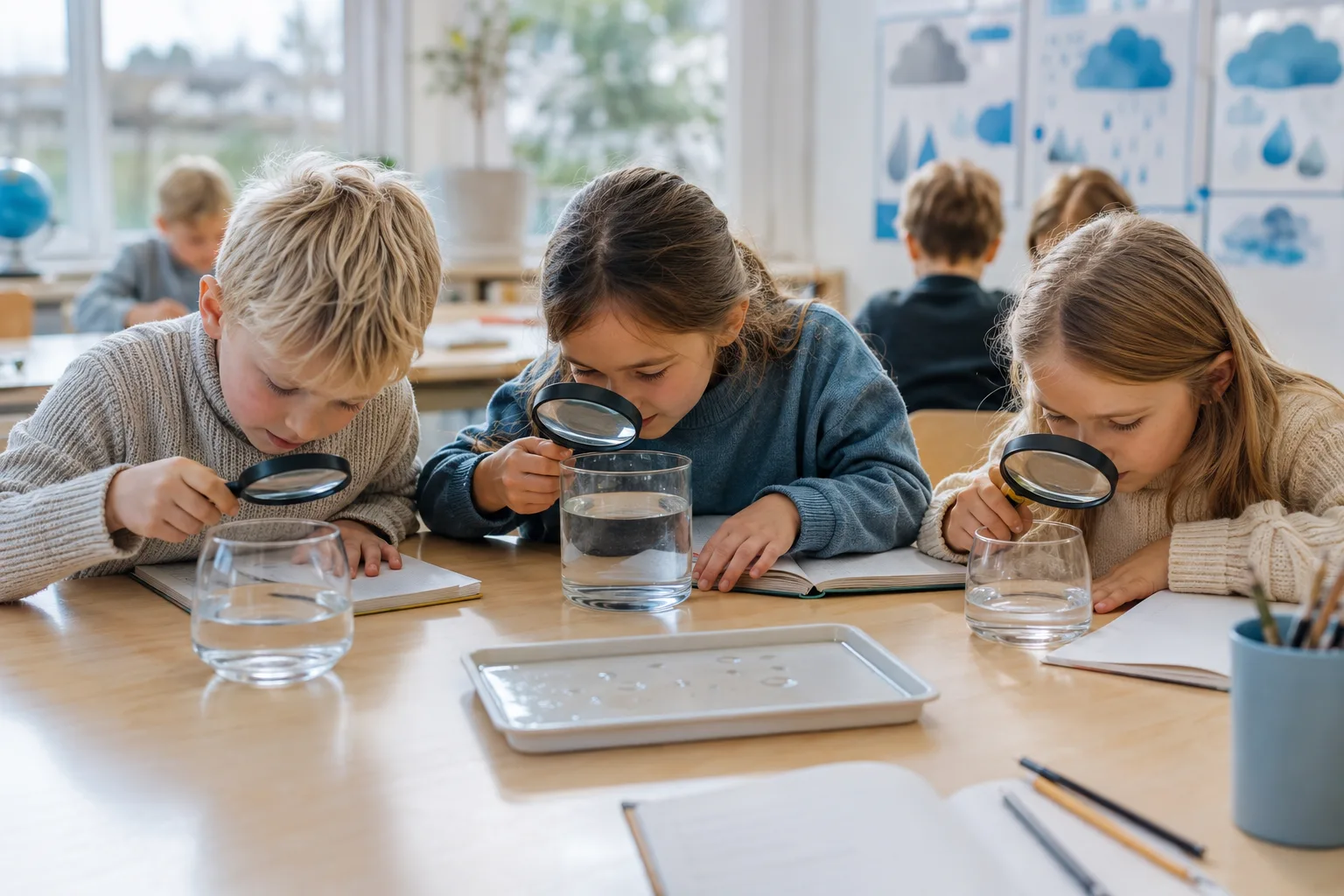 Elever på småtrinnet som undersøker vann i naturfag med forstørrelsesglass