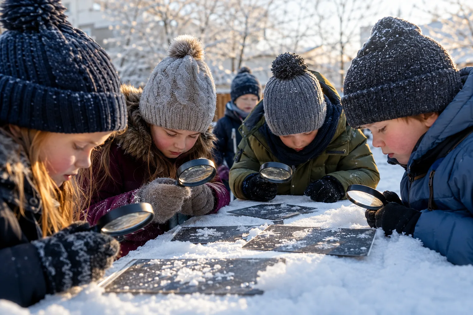 Elever som studerer snøkrystaller og is i naturfagundervisningen