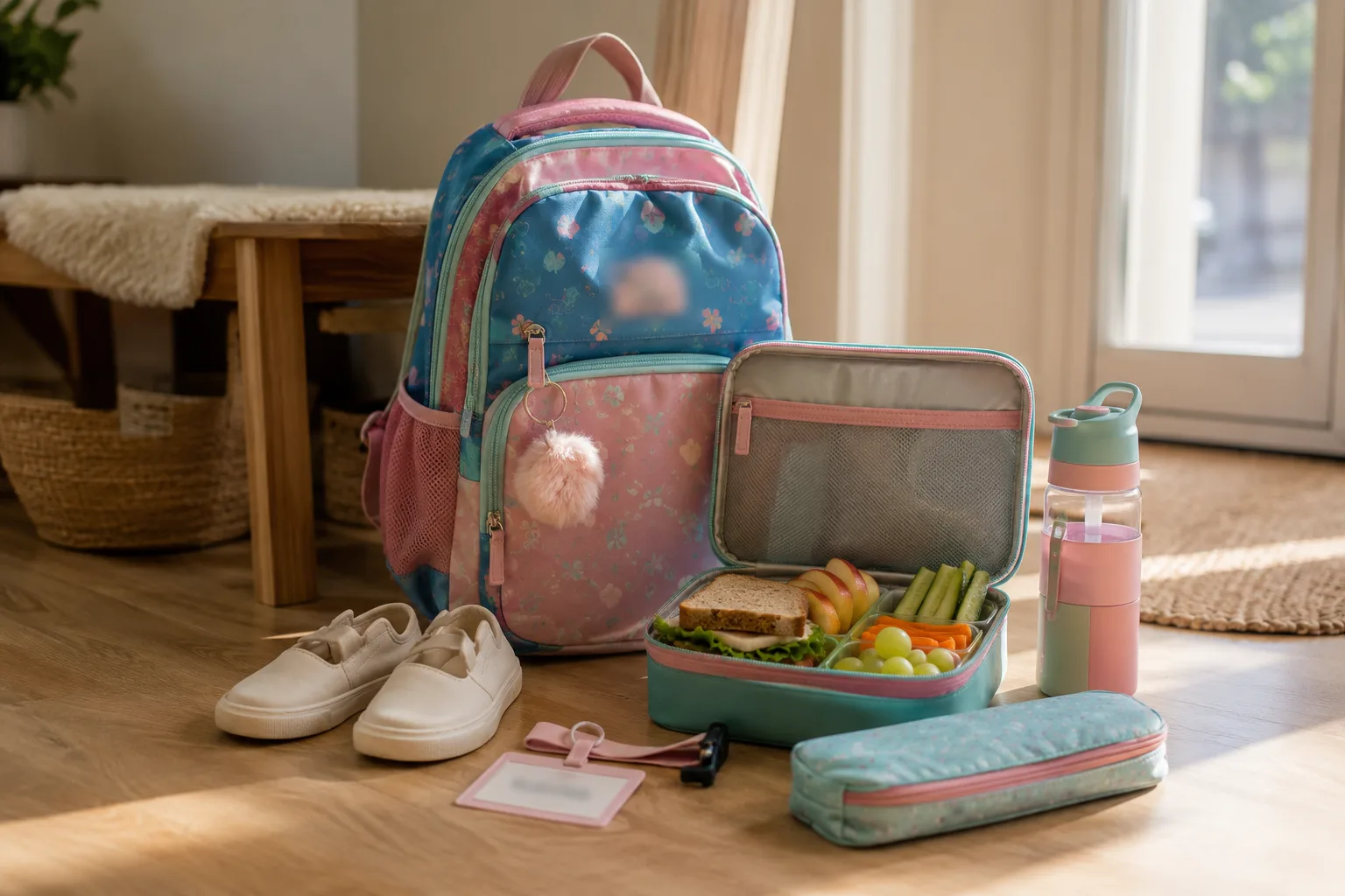 En fargerik skolesekk og matboks gjort klar for første dag på 1. trinn
