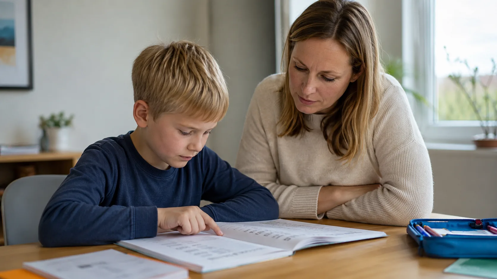 En konsentrert elev i barneskolen peker på bokstavene i en lesehefte mens mor følger med på sidelinjen for å fange opp dysleksi