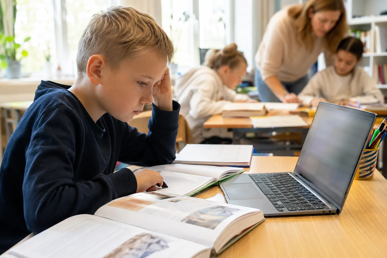 En konsentrert elev som jobber med kildekritikk på en bærbar datamaskin i klasserommet