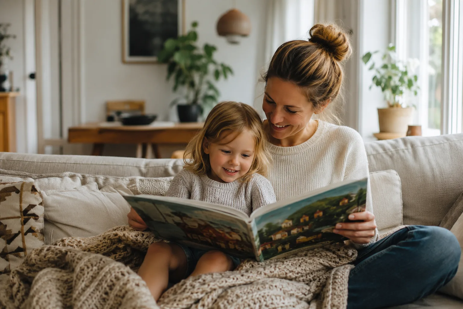 En mor og et barn leser en bok sammen som en hyggelig og lærerik ettermiddagsaktivitet