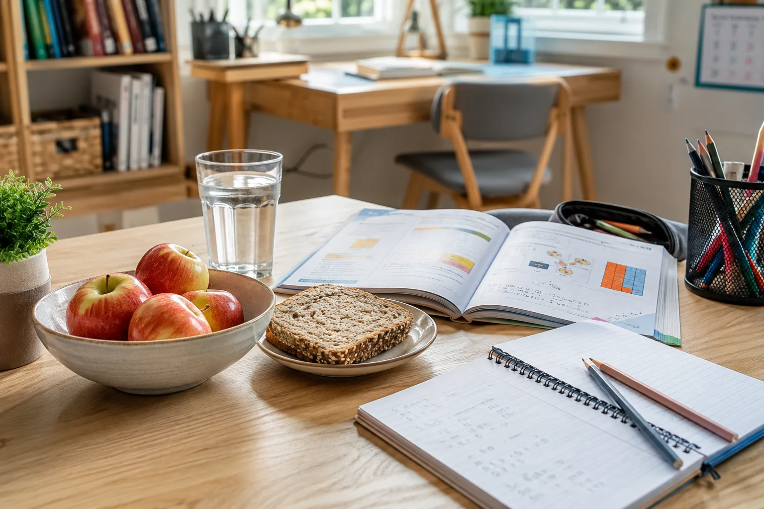 En skål med epler og grovbrød ved siden av skolebøkene for å holde blodsukkeret stabilt