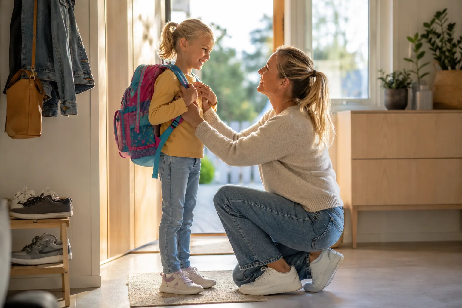 En spent seksåring med skolesekk som gjør seg klar til første skuledag