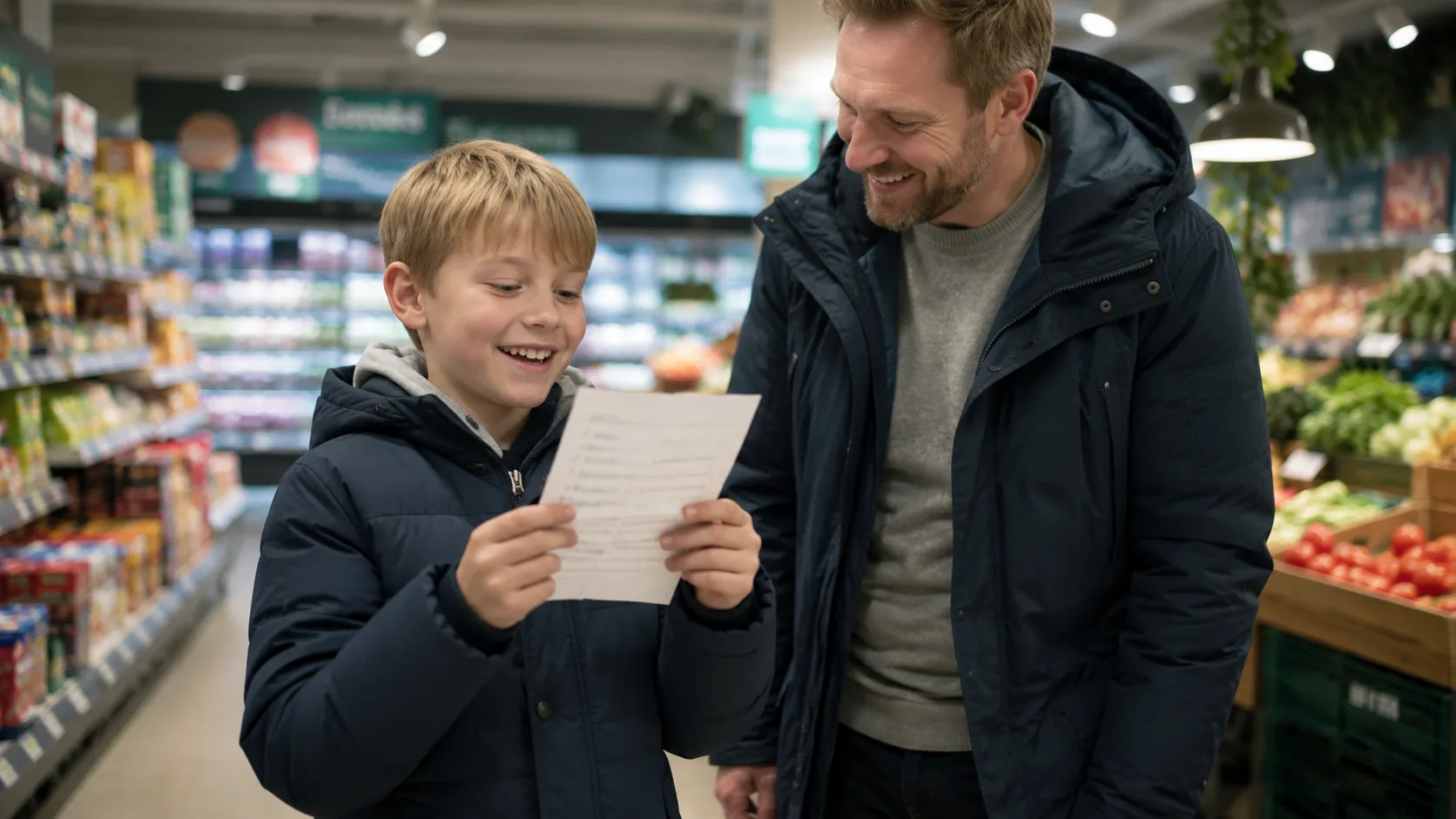 En stolt gutt leser opp en handleliste i matbutikken som en morsom øvelse for barn som sliter med å lese