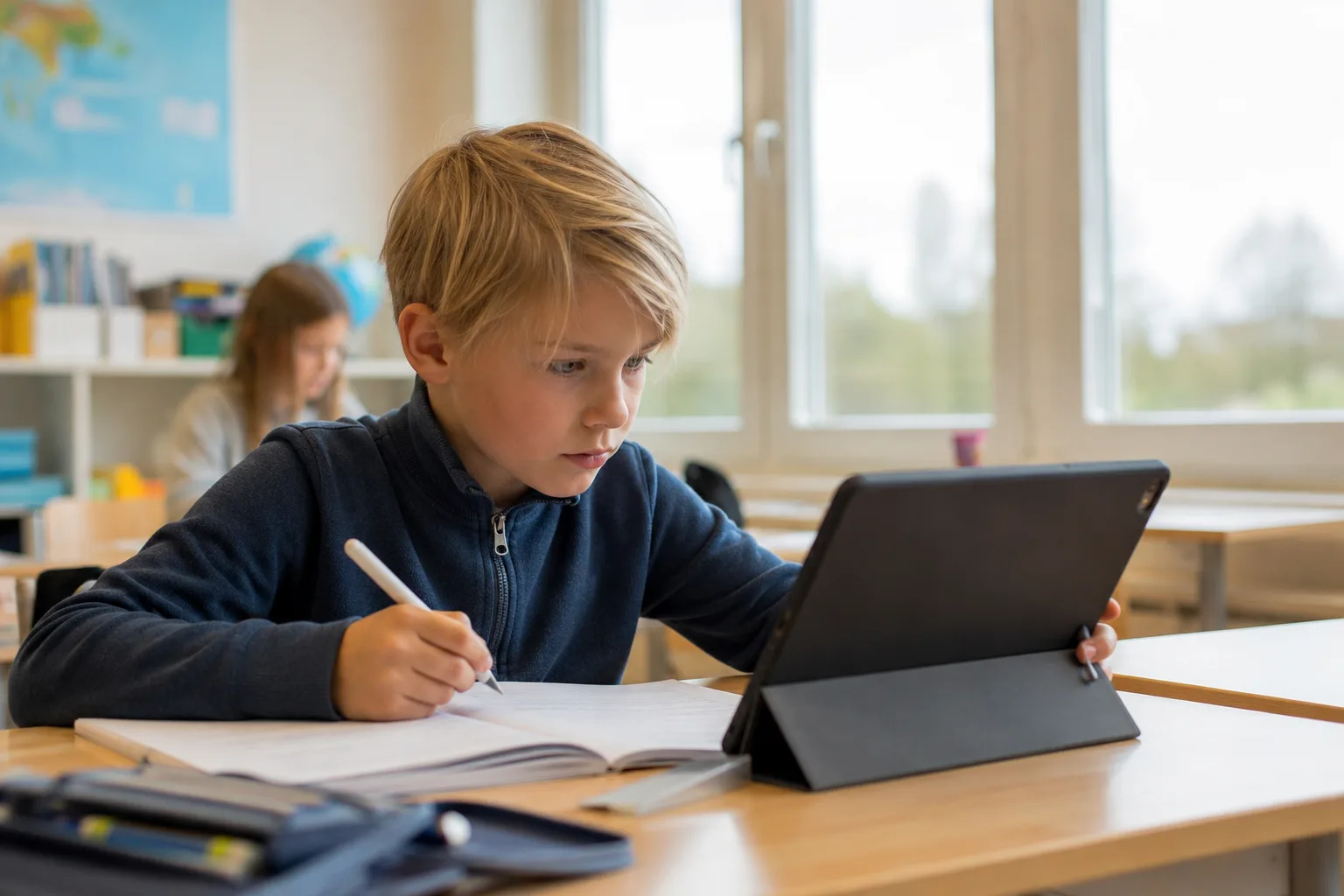 En ung elev som analyserer informasjon på en nettbrett i et lyst klasserom