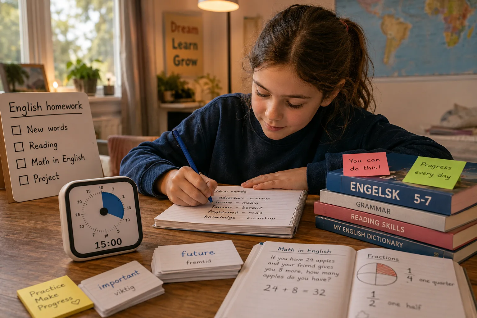 engelsk lekser på mellomtrinnet, engelsklekser 5-7 klasse, leksehjelp engelsk, rutine engelsk lekselesing