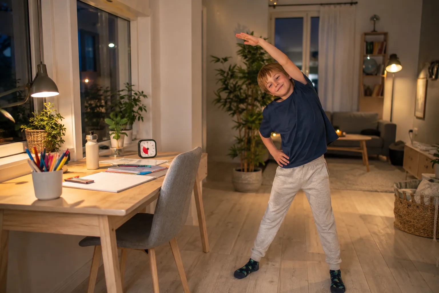 Et barn som tar en aktiv pause med tøying under leksetiden i Norge