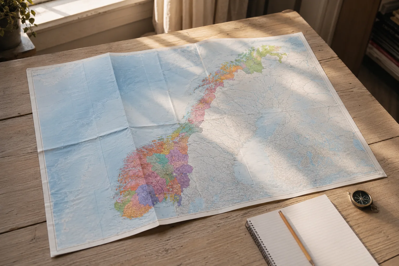 Et fargerikt norgeskart og fylker ligger utbrettet på et trebord
