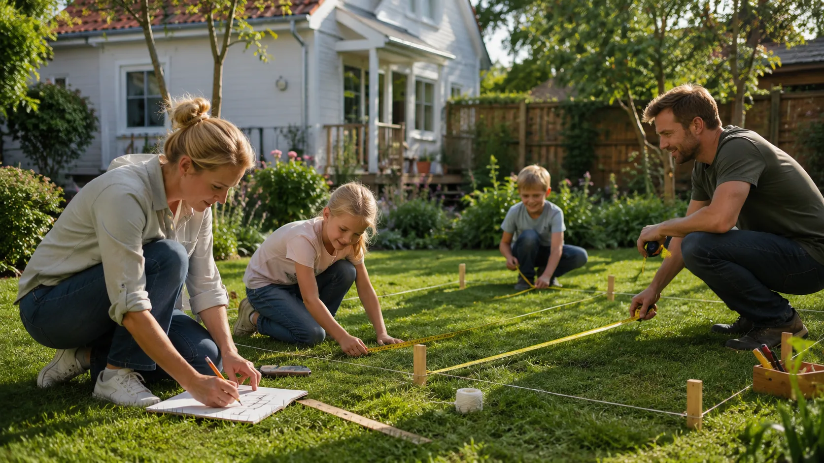Familie som måler opp hagen for å kombinere praktisk arbeid med matematikk