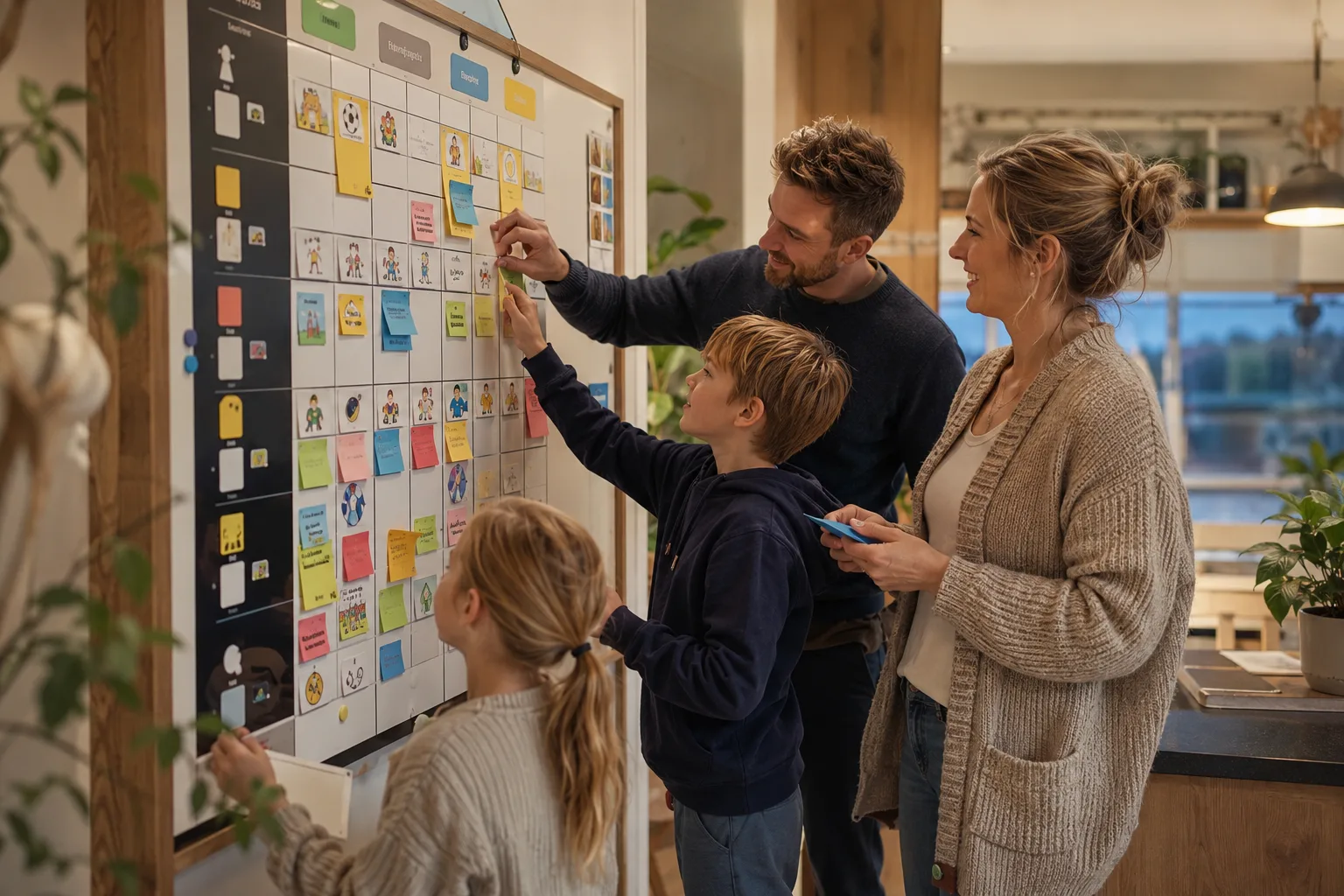 Familie som planlegger uken sammen med visuelle tavler og fargede lapper