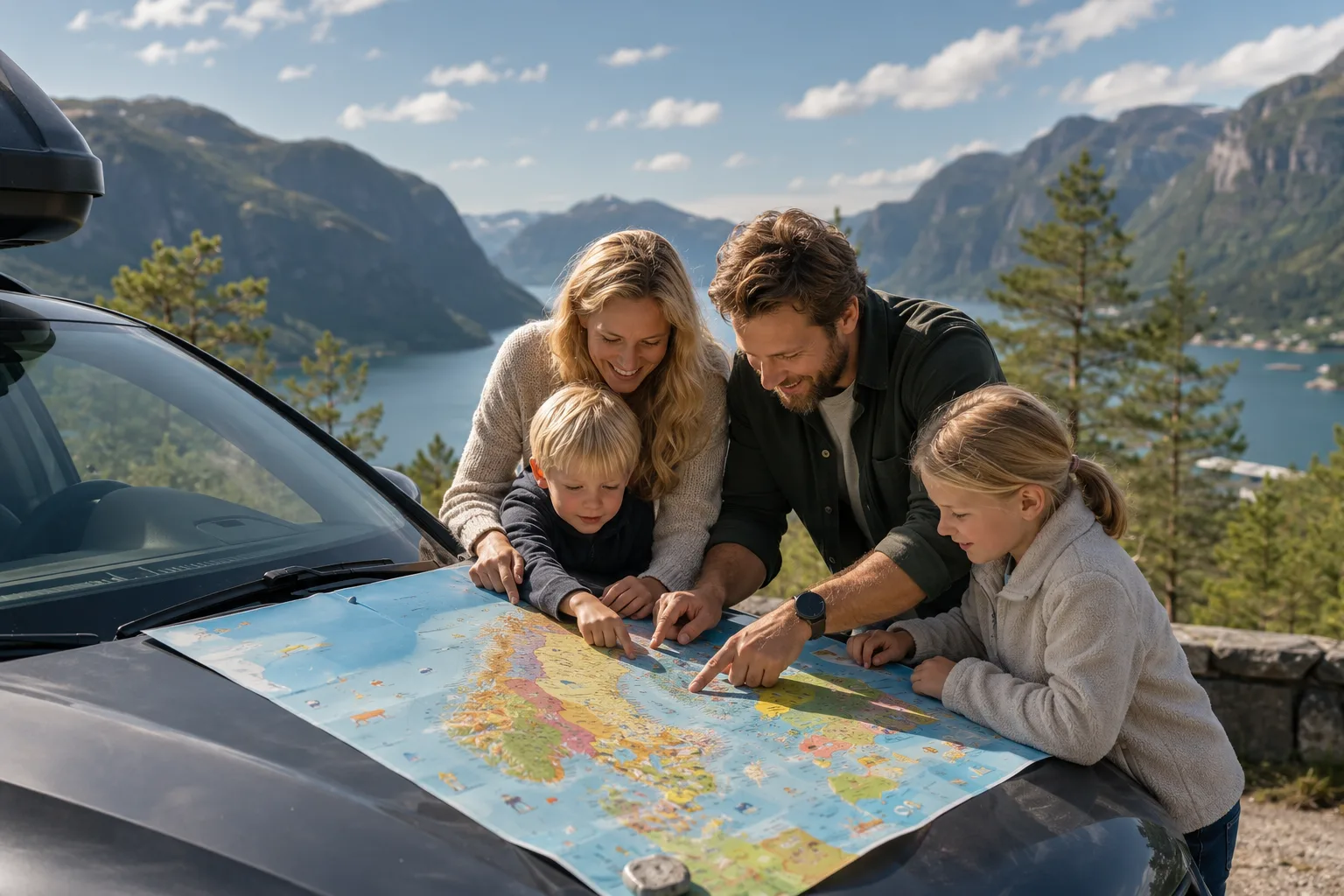 Familie som studerer norgeskart for barn på panseret av en bil under ferien