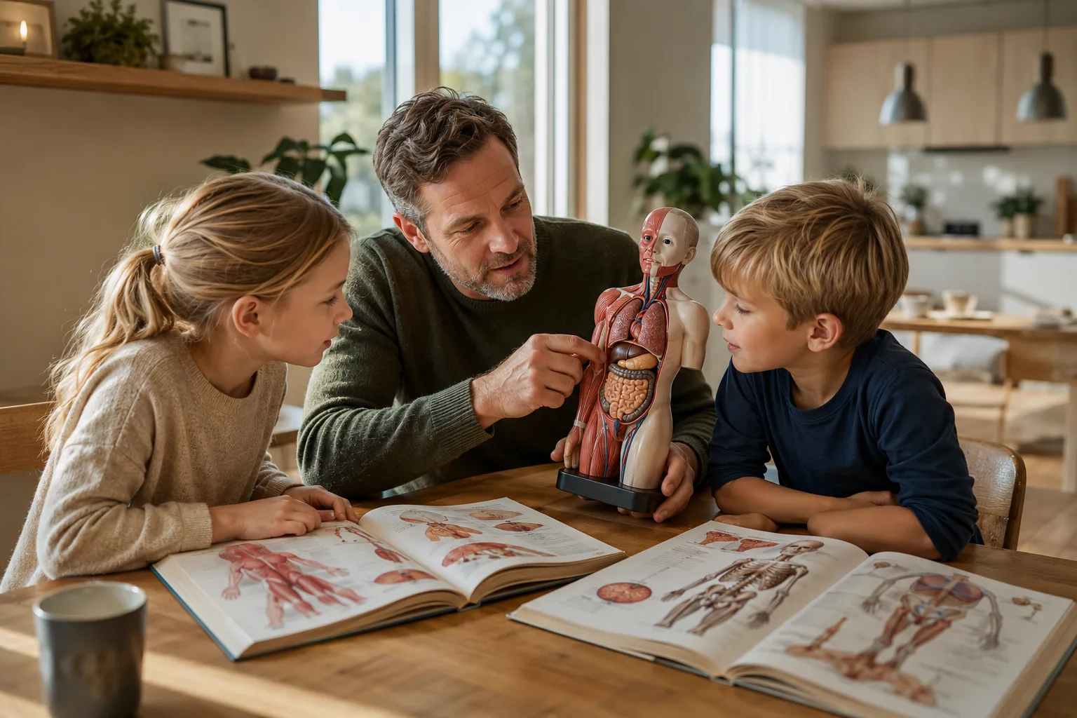 Familie som utforsker kroppen vår naturfag 4. trinn sammen med bøker