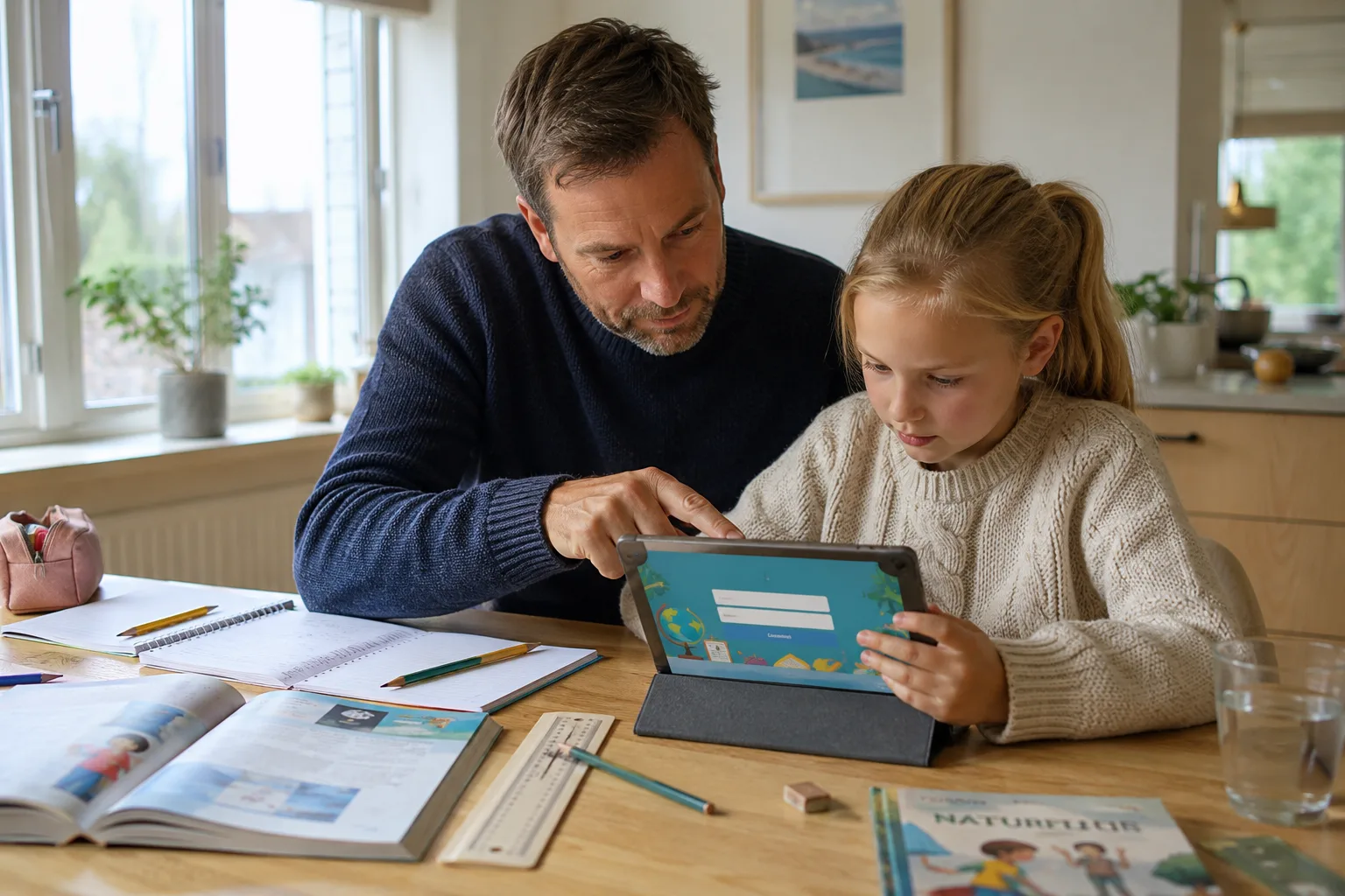 far hjelper datter med innlogging på nettbrett til skolearbeid