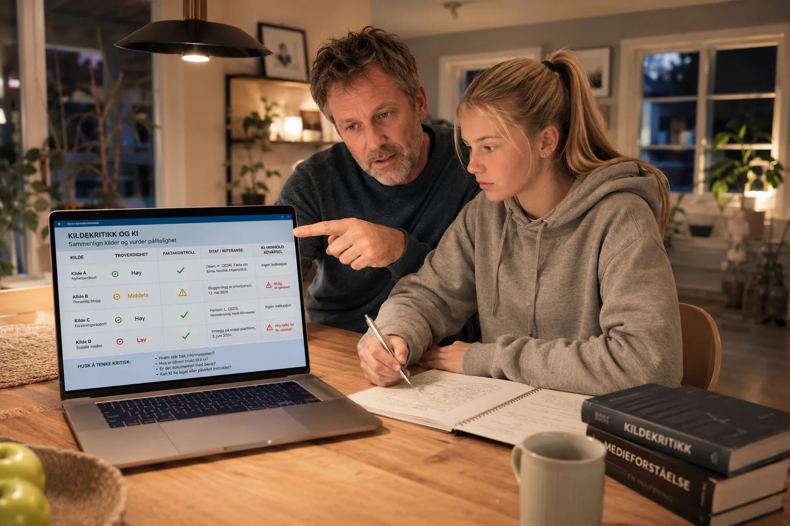 Far og datter diskuterer kildekritikk og kunstig intelligens ved spisebordet