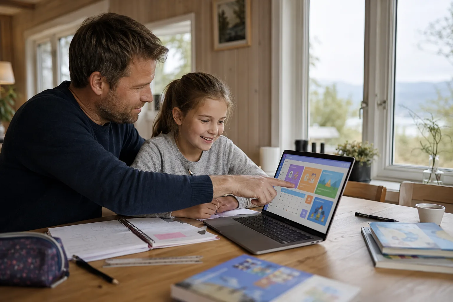 Far og datter ser sammen på en bærbar PC for å sjekke ukens lekser