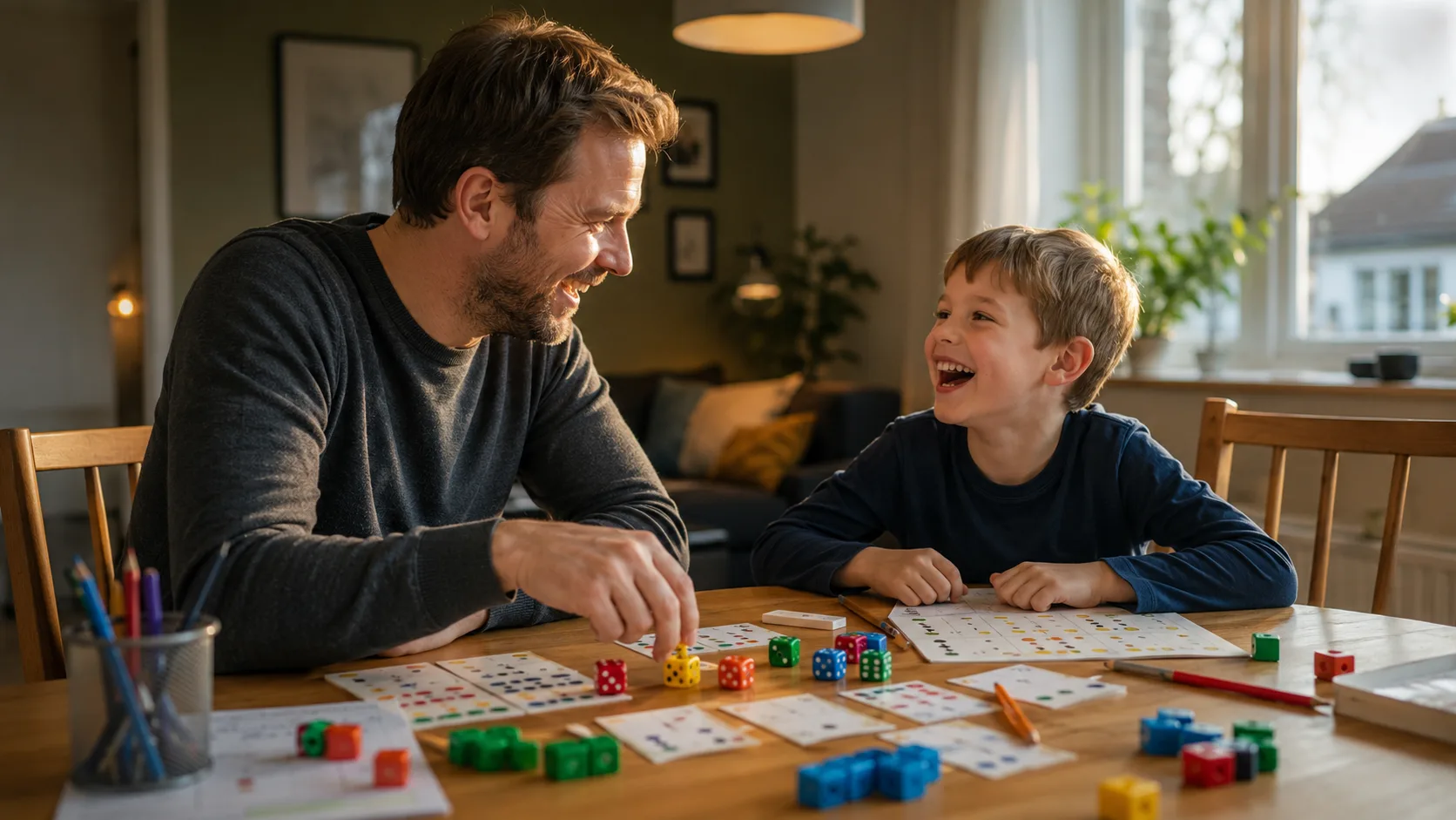 Far og sønn som ler og spiller terninger og øver på matematikk hjemme