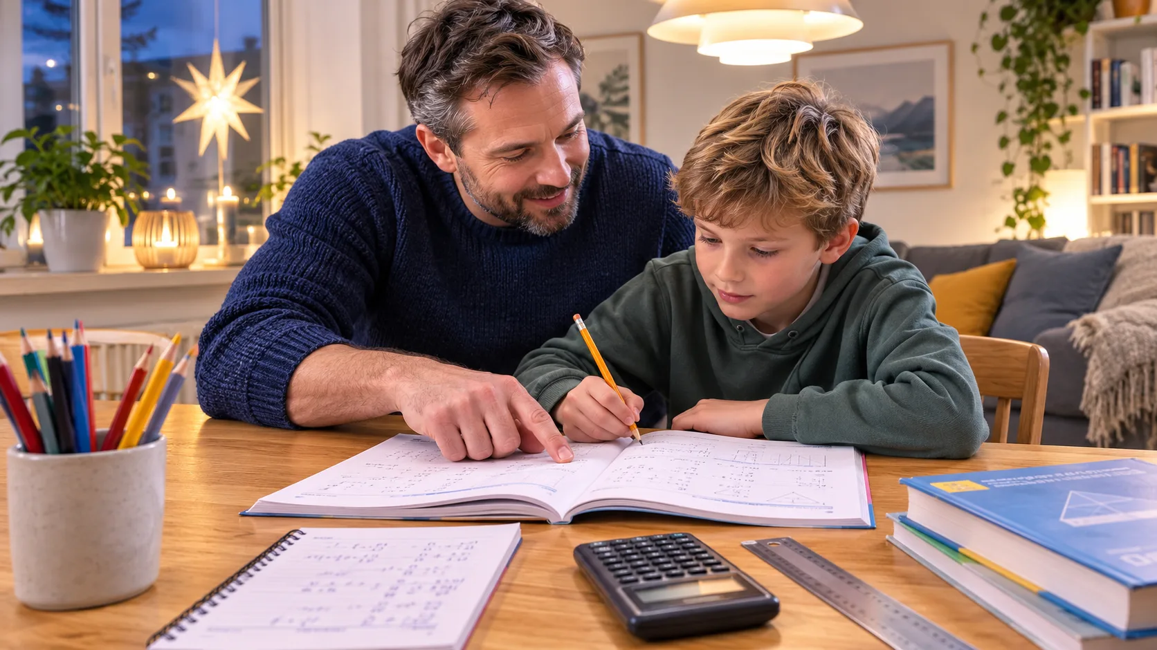 Far som gir leksehjelp til sønn med matematikk og lekserutiner