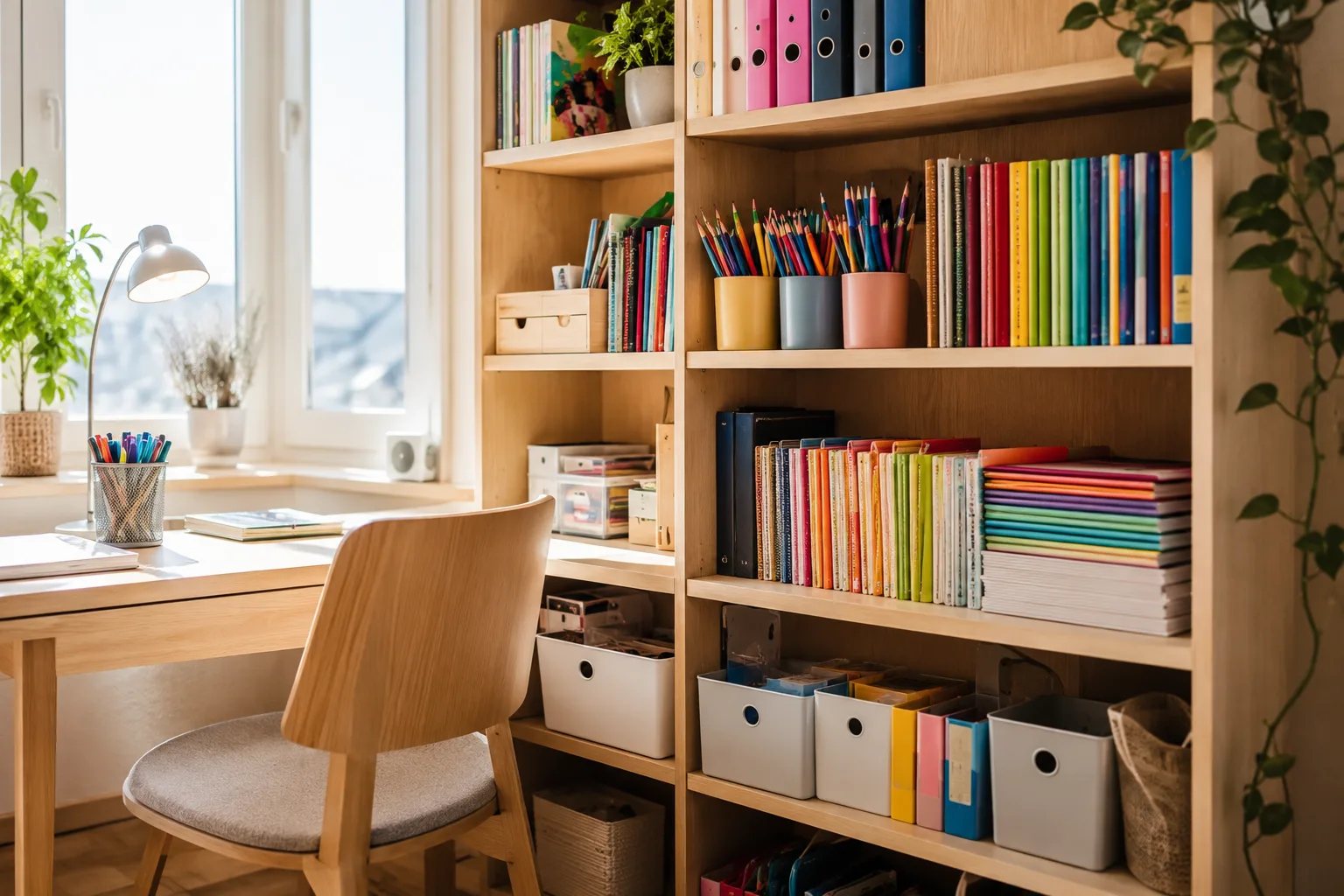 Fargerike og godt organiserte skolesaker sortert i en smart hylle ved pulten