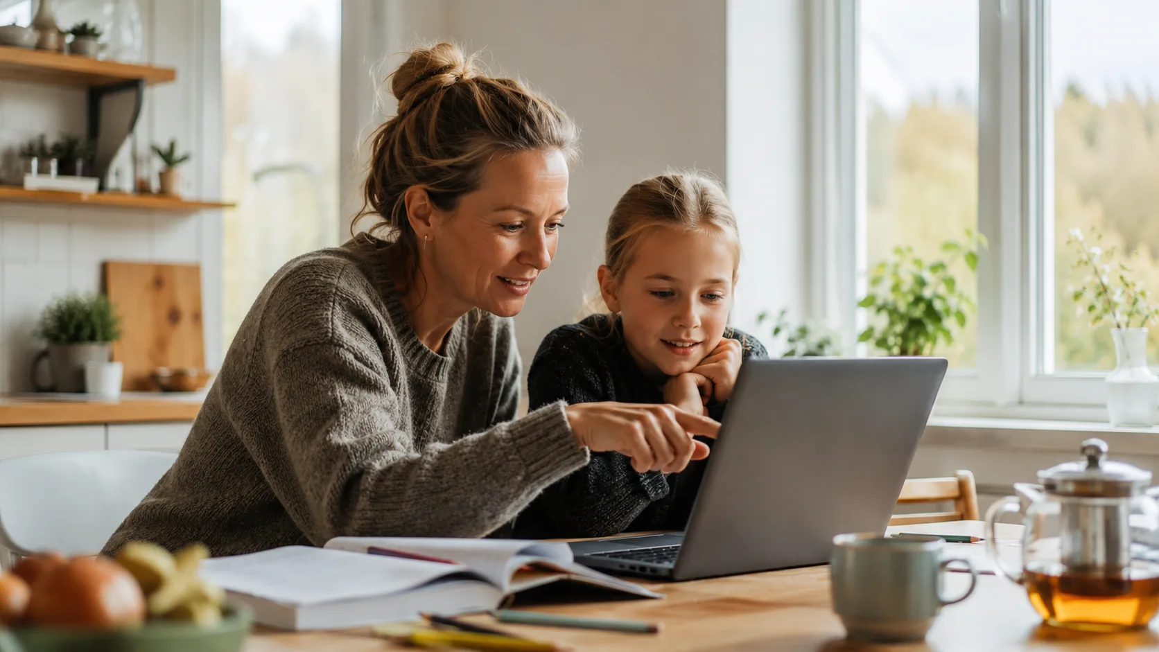 Forelder og barn som ser sammen på en lærerik nettside på en laptop