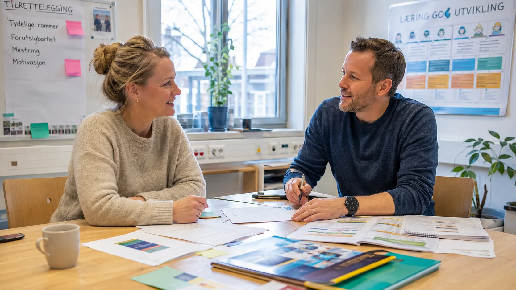 Forelder som diskuterer tilrettelegging i skolen med en lærer på et møterom i Norge