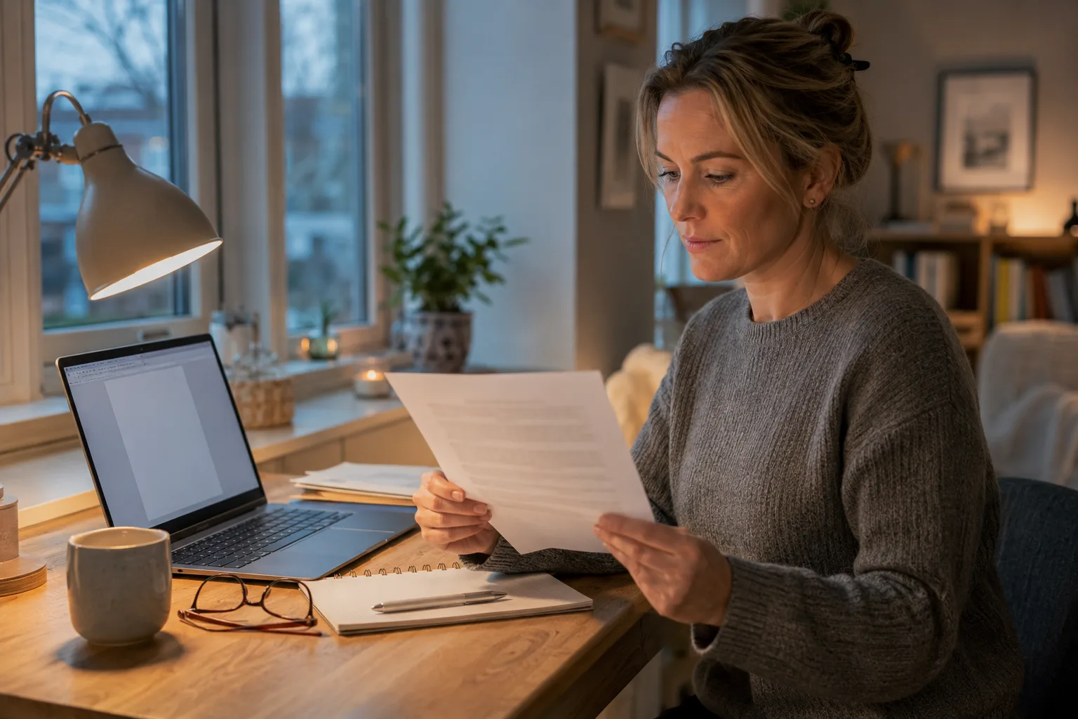 Forelder som leser gjennom et enkeltvedtak om spesialundervisning ved et skrivebord