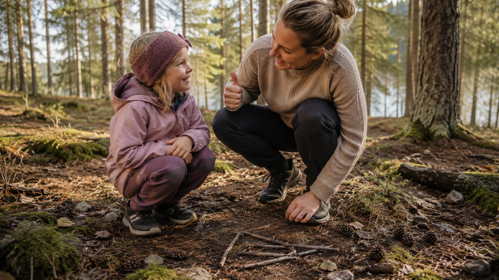 Forelder som roser barnet etter å ha tegnet bokstaver med pinner i skogen