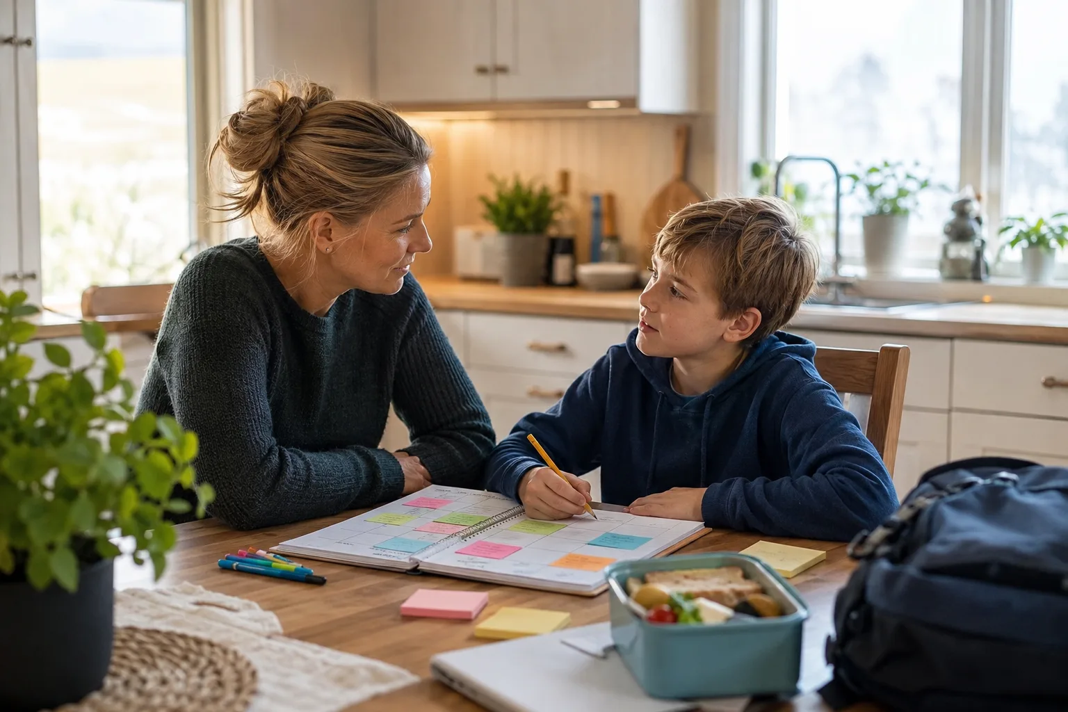 Forelder som snakker med barn om ADHD i skolen ved kjøkkenbordet